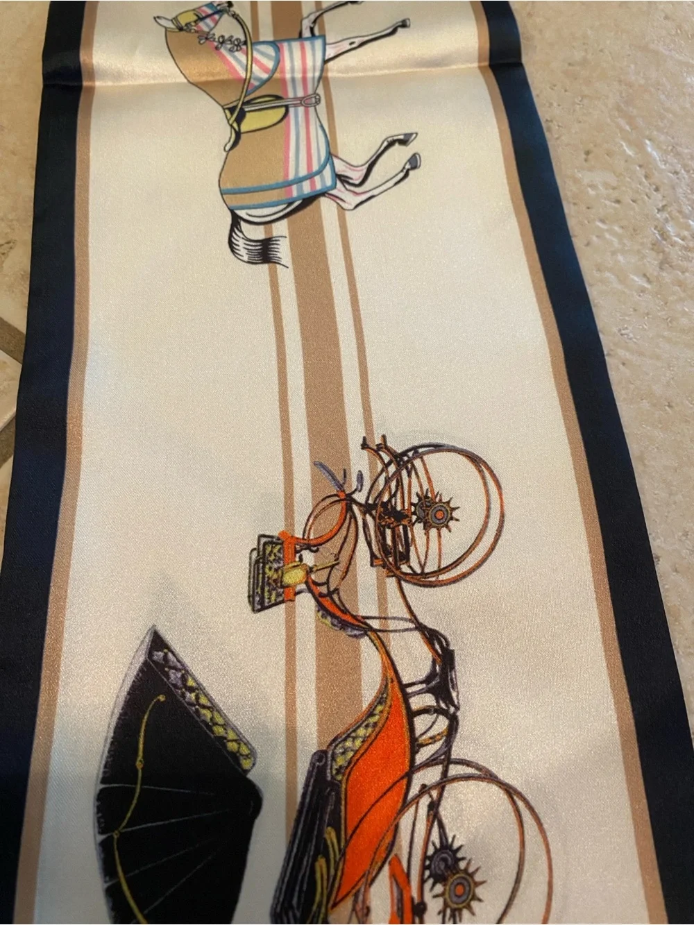 Equestrian Print Silk Scarf Tie - Cream & Black